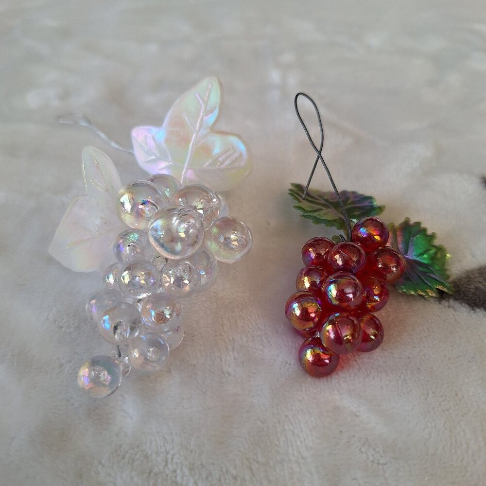 Lot of 2 Vintage Grape Cluster Iridescent & Red Christmas Ornament‎ Decor